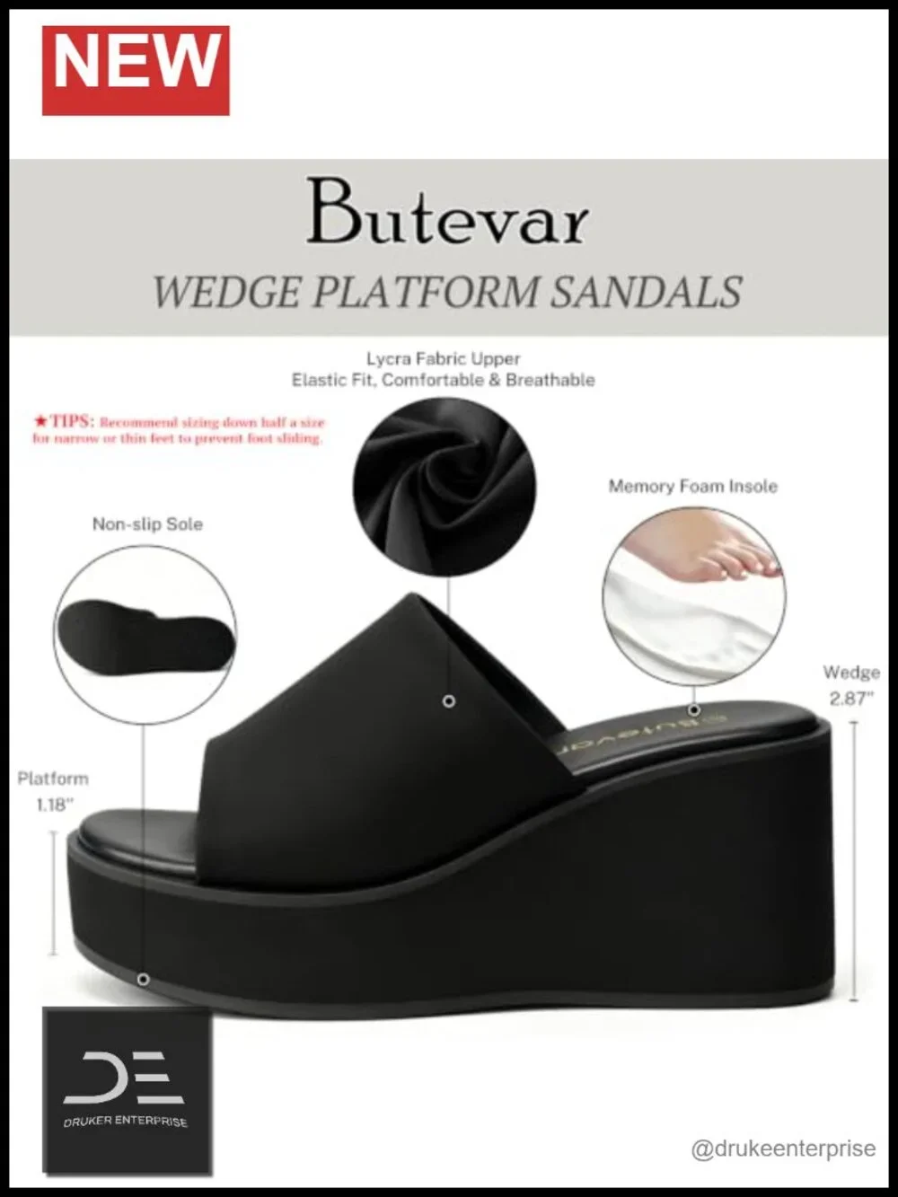 Chunky Wedge Sandals Memory Foam Insole Lycra Upper Slip-On Platform